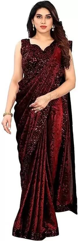     			VRAGI Lycra Self Design Regular Saree With Unstitched Blouse Piece ( Maroon )