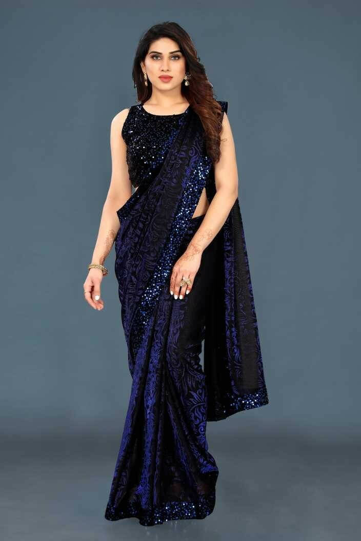     			VRAGI Lycra Self Design Regular Saree With Unstitched Blouse Piece ( Navy Blue )