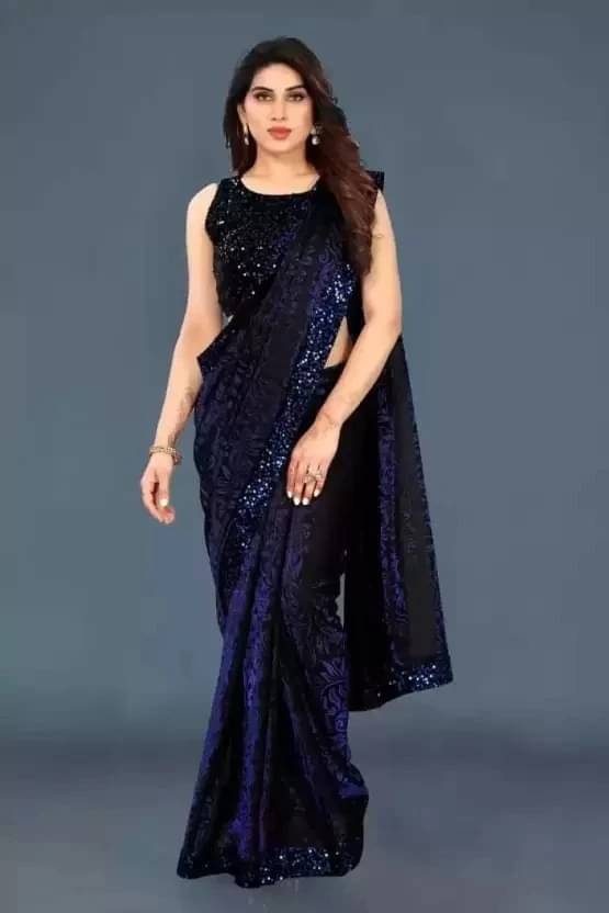     			VRAGI Lycra Self Design Regular Saree With Unstitched Blouse Piece ( Navy Blue )