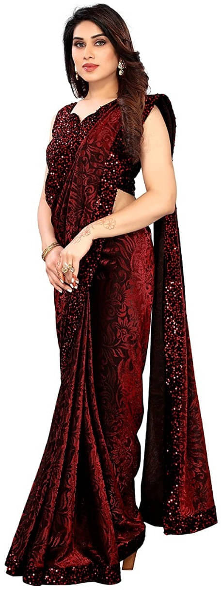 VRAGI Lycra Self Design Regular Saree With Stitched Blouse ( Maroon ) VRAGI Lycra Self Design Regular Saree With Stitched Blouse ( Maroon )