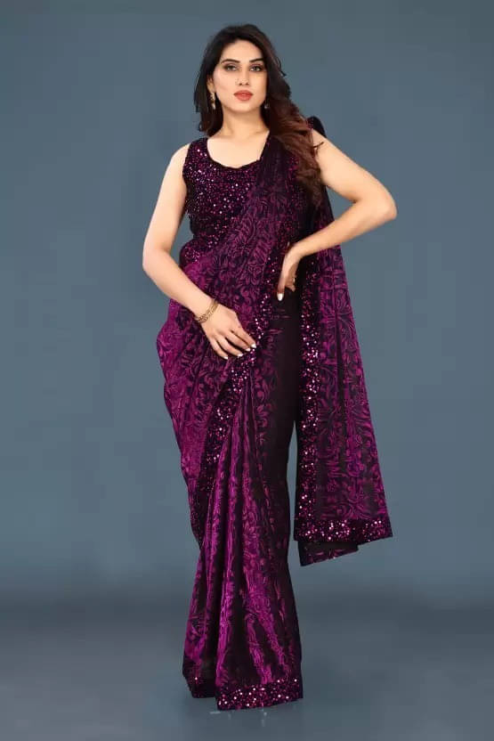     			VRAGI Lycra Self Design Regular Saree With Unstitched Blouse Piece ( Purple )