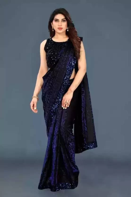     			VRAGI Lycra Self Design Regular Saree With Unstitched Blouse Piece ( Navy Blue )