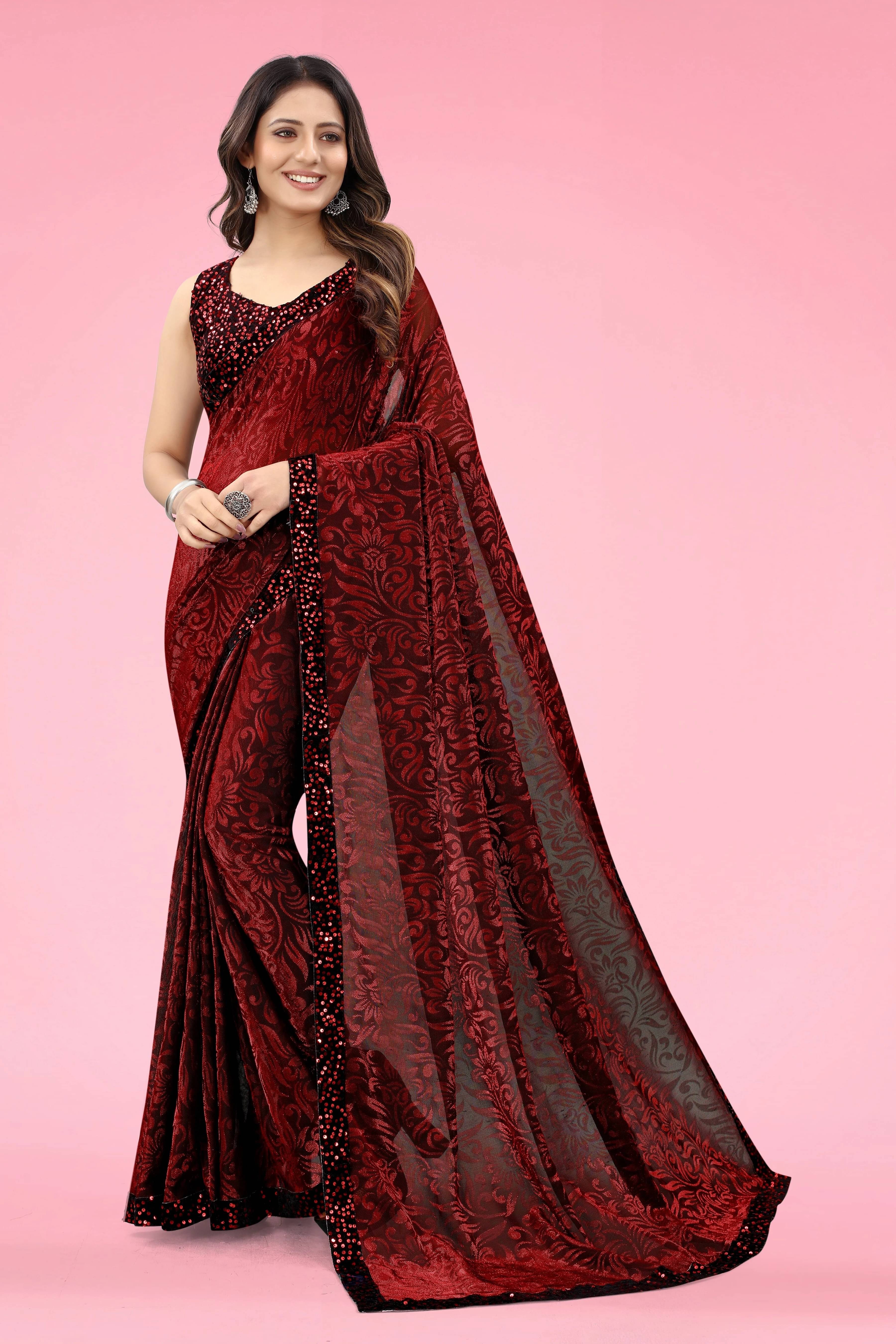 VRAGI Lycra Self Design Regular Saree With Unstitched Blouse Piece ( Maroon ) VRAGI Lycra Self Design Regular Saree With Unstitched Blouse Piece ( Maroon )