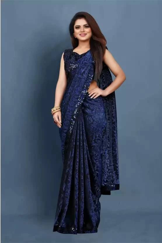     			VRAGI Lycra Self Design Regular Saree With Unstitched Blouse Piece ( Blue )