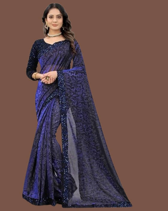     			VRAGI Lycra Solid Regular Saree With Unstitched Blouse Piece ( Navy Blue )