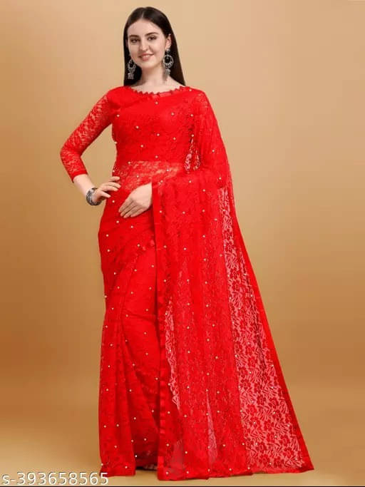     			VRAGI Net Embellished Regular Saree With Unstitched Blouse Piece ( Red )
