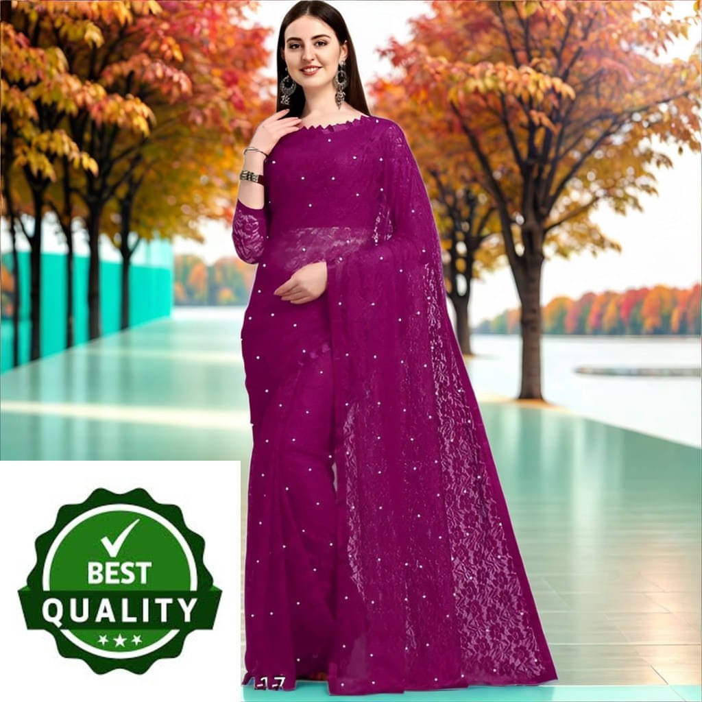 VRAGI Net Embellished Regular Saree With Unstitched Blouse Piece ( Purple ) VRAGI Net Embellished Regular Saree With Unstitched Blouse Piece ( Purple )