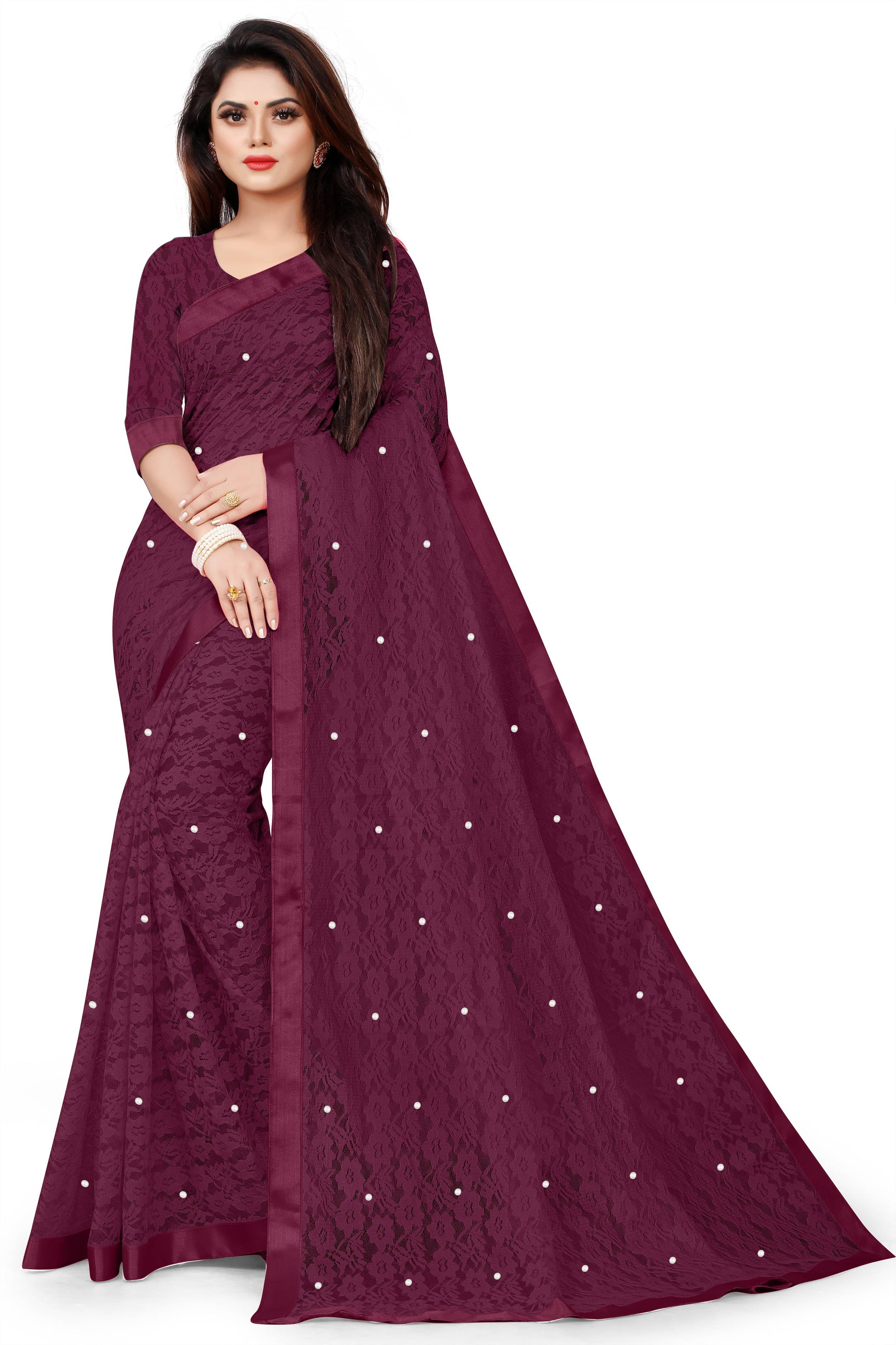     			VRAGI Net Embellished Regular Saree With Unstitched Blouse Piece ( Maroon )