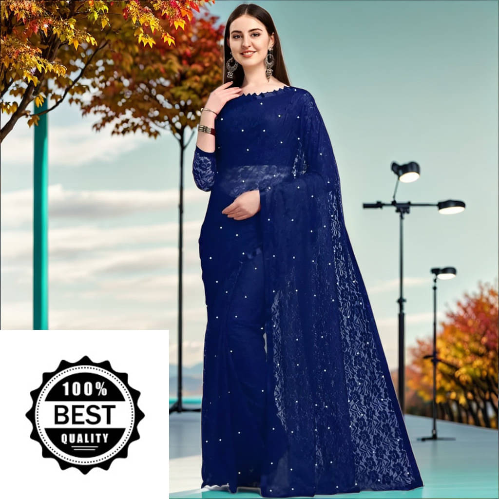     			VRAGI Net Embellished Regular Saree With Unstitched Blouse Piece ( Navy Blue )