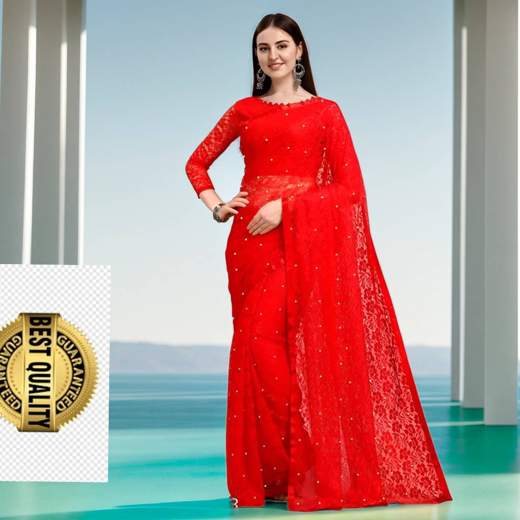 VRAGI Net Embellished Regular Saree With Unstitched Blouse Piece ( Red ) VRAGI Net Embellished Regular Saree With Unstitched Blouse Piece ( Red )
