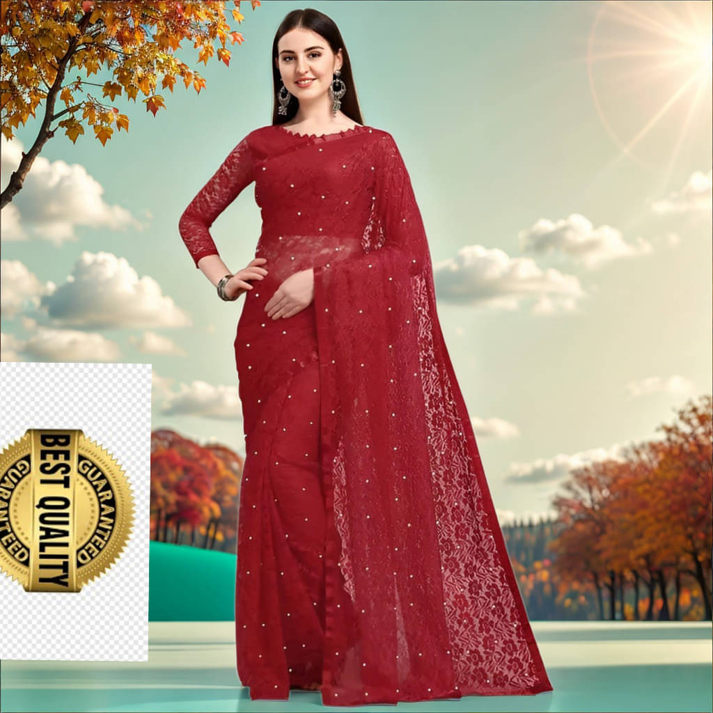     			VRAGI Net Embellished Regular Saree With Unstitched Blouse Piece ( Maroon )