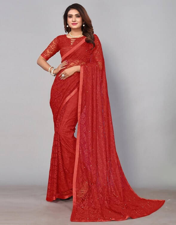 VRAGI Net Embellished Regular Saree With Unstitched Blouse Piece ( Red ) VRAGI Net Embellished Regular Saree With Unstitched Blouse Piece ( Red )