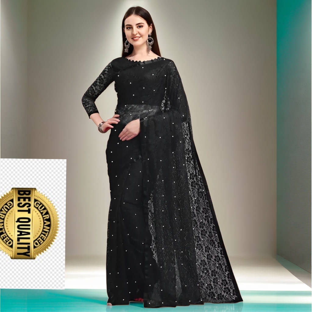     			VRAGI Net Embellished Regular Saree With Unstitched Blouse Piece ( Black )