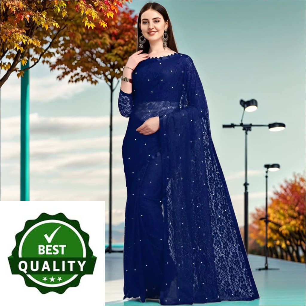     			VRAGI Net Embellished Regular Saree With Unstitched Blouse Piece ( Navy Blue )