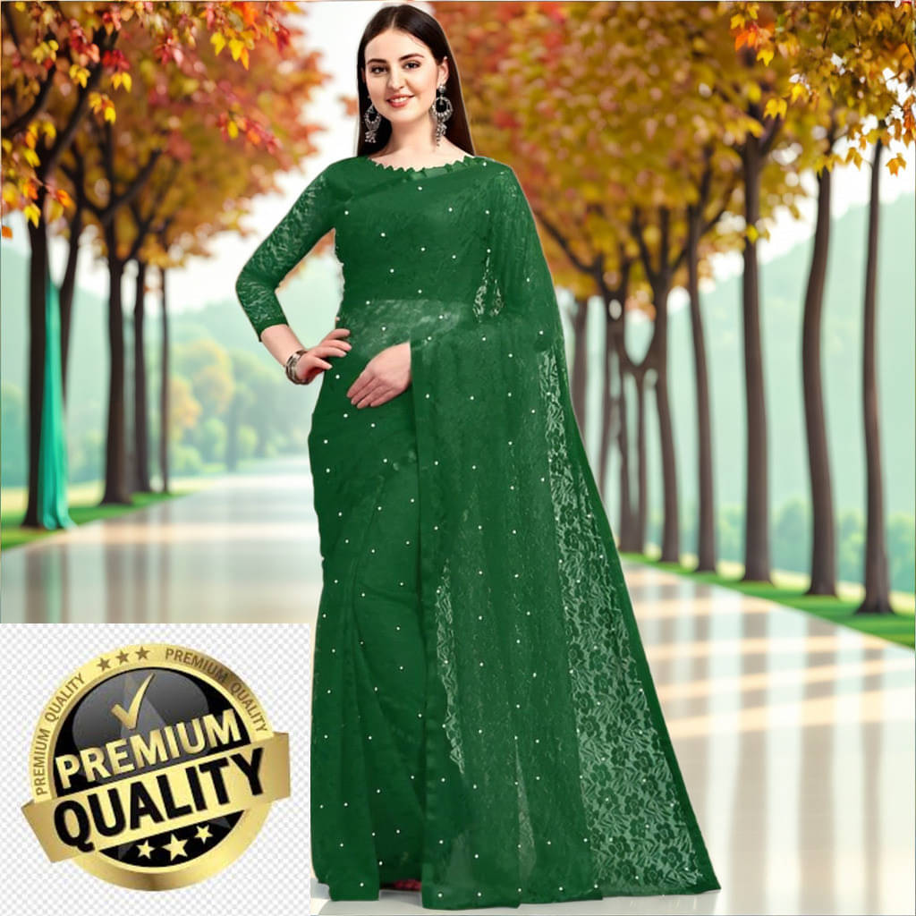 VRAGI Net Embellished Regular Saree With Unstitched Blouse Piece ( Green ) VRAGI Net Embellished Regular Saree With Unstitched Blouse Piece ( Green )