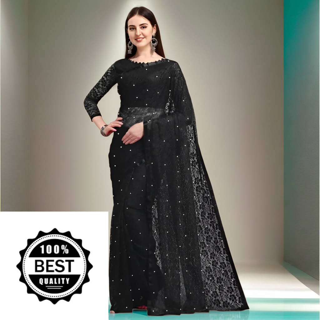     			VRAGI Net Embellished Regular Saree With Unstitched Blouse Piece ( Black )