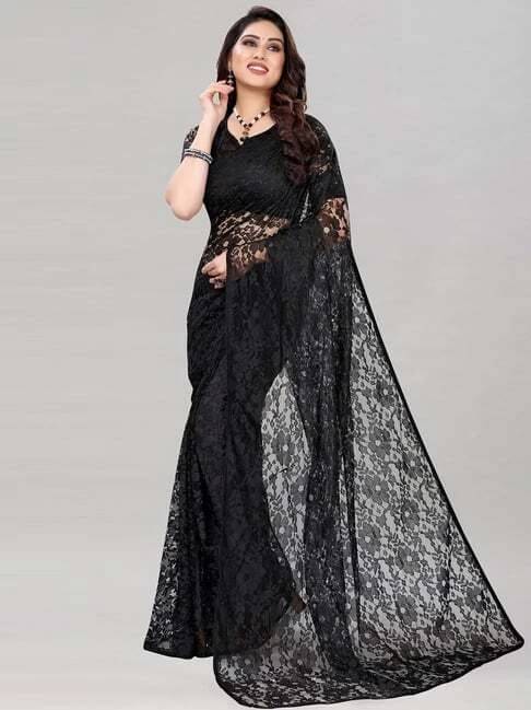     			VRAGI Net Embellished Regular Saree With Unstitched Blouse Piece ( Black )