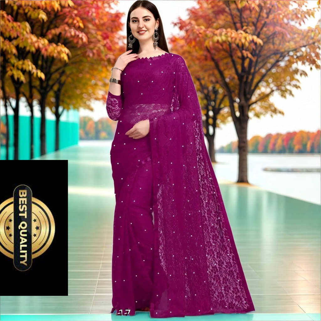    			VRAGI Net Embellished Regular Saree With Unstitched Blouse Piece ( Purple )