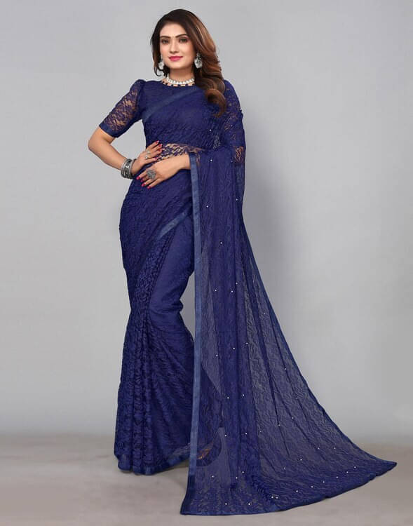     			VRAGI Net Embellished Regular Saree With Unstitched Blouse Piece ( Navy Blue )