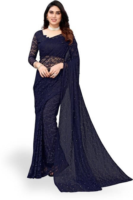     			VRAGI Net Embroidered Regular Saree With Unstitched Blouse Piece ( Navy Blue )