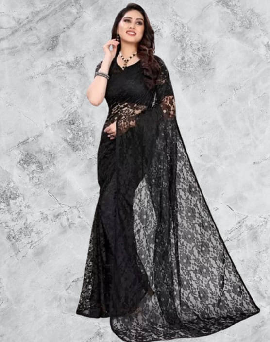     			VRAGI Net Embroidered Regular Saree With Unstitched Blouse Piece ( Black )