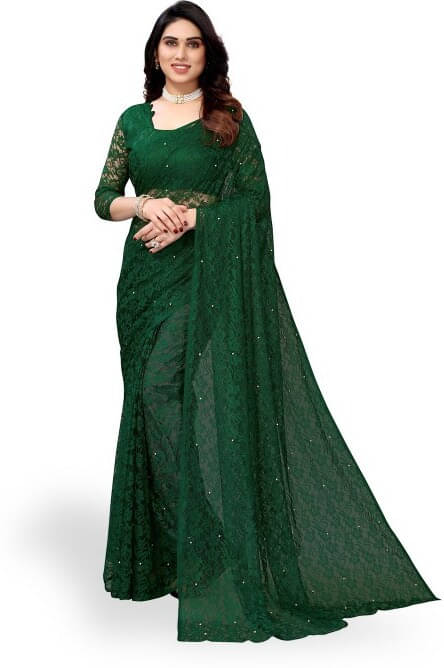     			VRAGI Net Embroidered Regular Saree With Unstitched Blouse Piece ( Green )