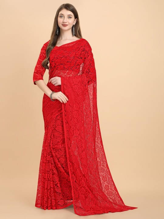     			VRAGI Net Printed Regular Saree With Unstitched Blouse Piece ( Red )