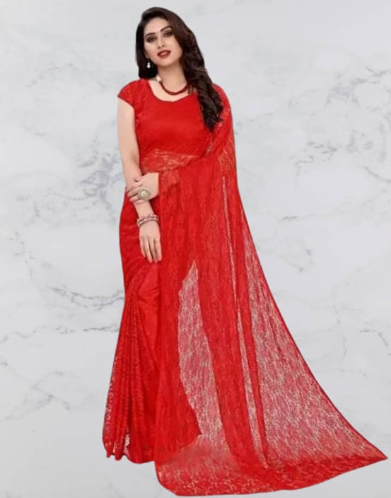    			VRAGI Net Printed Regular Saree With Unstitched Blouse Piece ( Red )