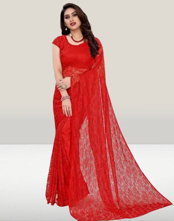     			VRAGI Net Printed Regular Saree With Unstitched Blouse Piece ( Red )