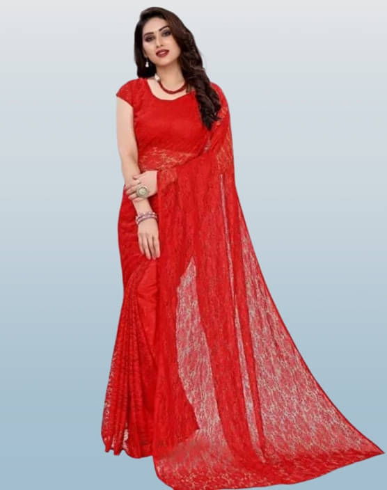     			VRAGI Net Printed Regular Saree With Unstitched Blouse Piece ( Red )