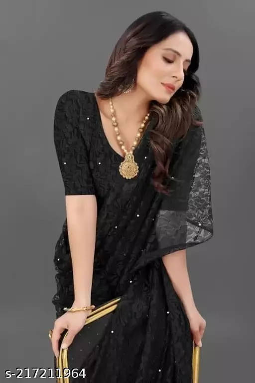     			VRAGI Net Printed Regular Saree With Unstitched Blouse Piece ( Black )