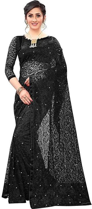     			VRAGI Net Printed Regular Saree With Unstitched Blouse Piece ( Black )