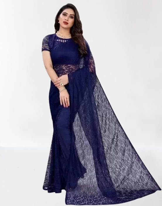     			VRAGI Net Printed Regular Saree With Unstitched Blouse Piece ( Blue )