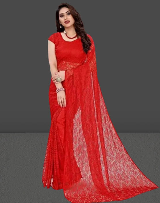     			VRAGI Net Printed Regular Saree With Unstitched Blouse Piece ( Red )