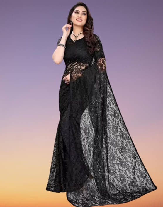     			VRAGI Net Printed Regular Saree With Unstitched Blouse Piece ( Black )
