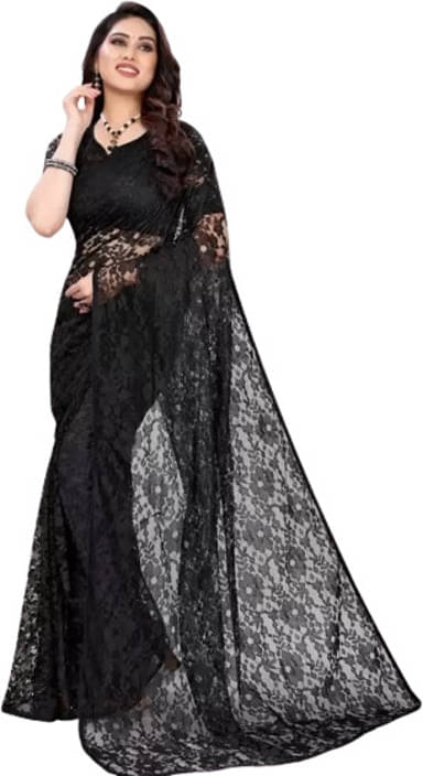    			VRAGI Net Printed Regular Saree With Unstitched Blouse Piece ( Black )