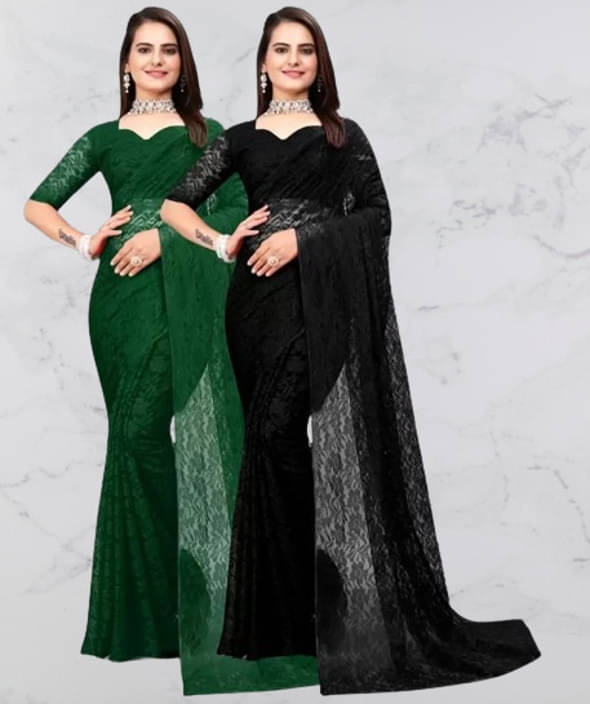     			VRAGI Net Printed Regular Saree With Unstitched Blouse Piece ( Multicolor )