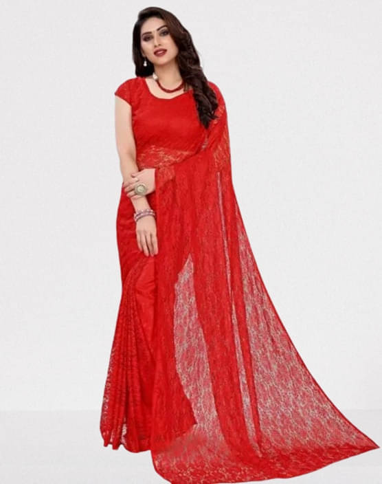     			VRAGI Net Printed Regular Saree With Unstitched Blouse Piece ( Red )