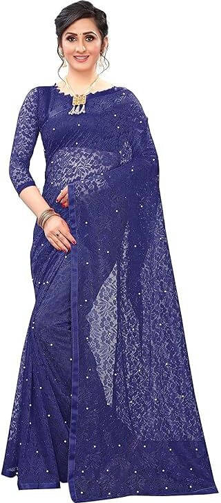     			VRAGI Net Printed Regular Saree With Unstitched Blouse Piece ( Navy Blue )