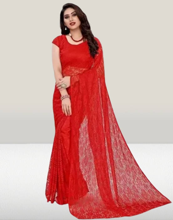     			VRAGI Net Printed Regular Saree With Unstitched Blouse Piece ( Red )
