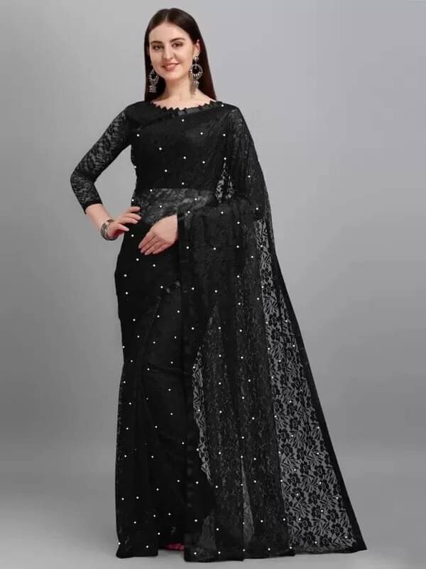    			VRAGI Net Printed Regular Saree With Unstitched Blouse Piece ( Black )