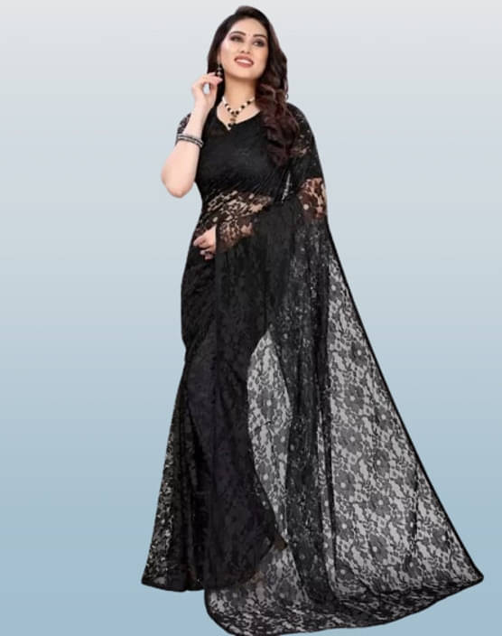     			VRAGI Net Printed Regular Saree With Unstitched Blouse Piece ( Black )