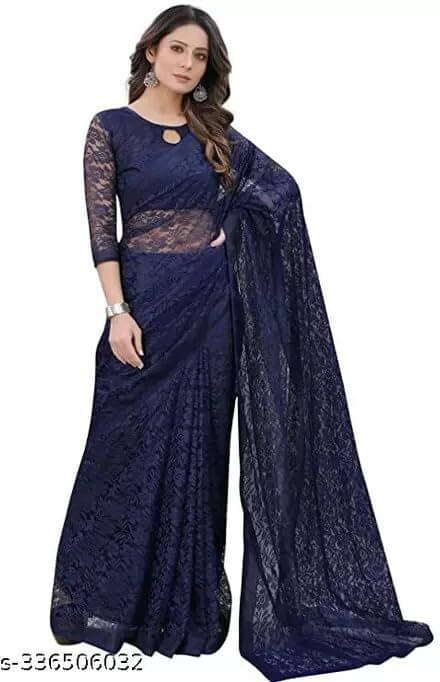     			VRAGI Net Printed Regular Saree With Unstitched Blouse Piece ( Navy Blue )