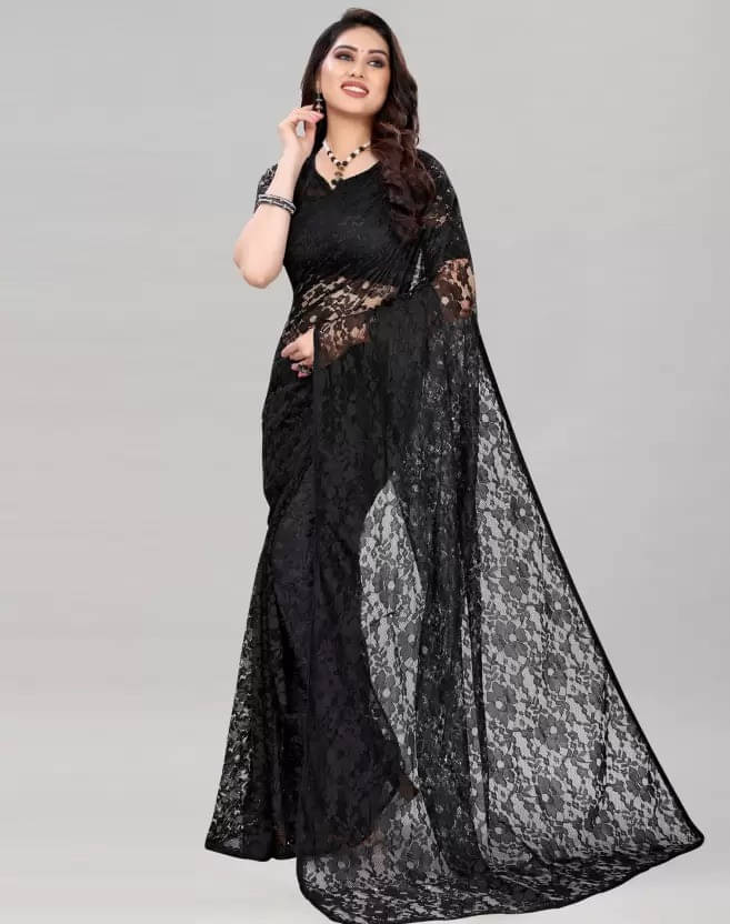     			VRAGI Net Printed Regular Saree With Unstitched Blouse Piece ( Black )