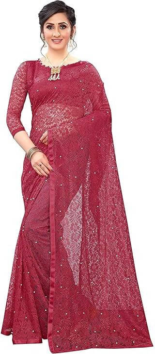     			VRAGI Net Printed Regular Saree With Unstitched Blouse Piece ( Maroon )