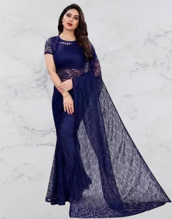     			VRAGI Net Printed Regular Saree With Unstitched Blouse Piece ( Blue )