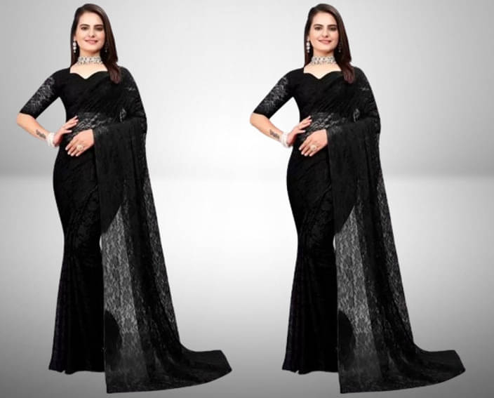     			VRAGI Net Self Design Regular Saree With Unstitched Blouse Piece ( Black )