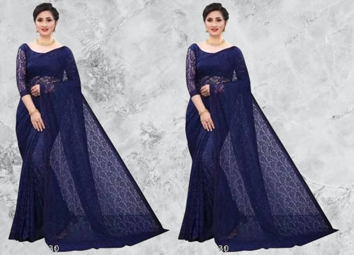     			VRAGI Net Self Design Regular Saree With Unstitched Blouse Piece ( Blue )