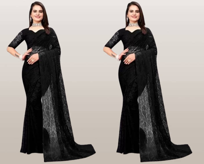     			VRAGI Net Self Design Regular Saree With Unstitched Blouse Piece ( Black )