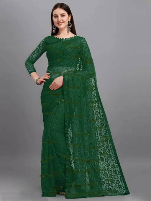     			VRAGI Net Self Design Regular Saree With Unstitched Blouse Piece ( Green )